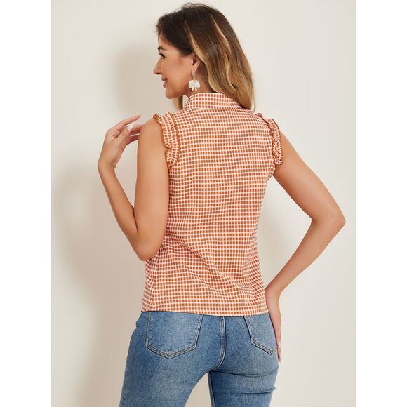 Bow Tie Neck Blouse Vintage Ruffle Sleeveless Gingham Plaid Shirt Orange - Picture 4 of 6
